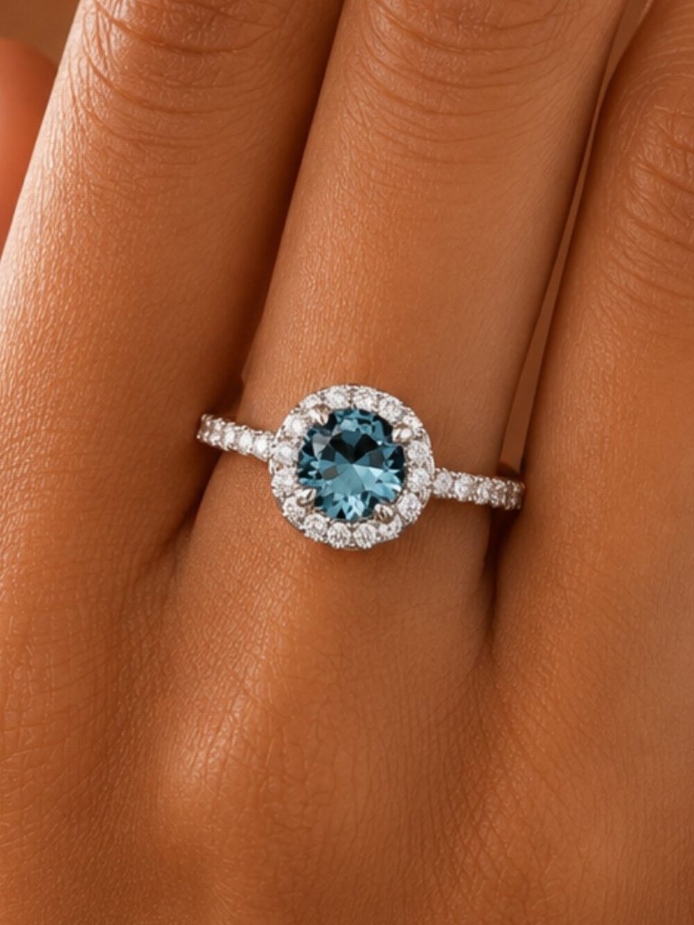 NEW 14k White Gold Blue Topaz Diamond Ring Halo Round Cut